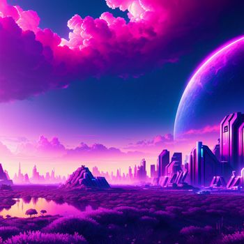 futuristic city with a futuristic purple sky and a pink sunset in the background with a purple and blue sky