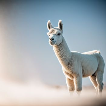 white llama standing in the desert with a sky background and a cloudless sky in the background