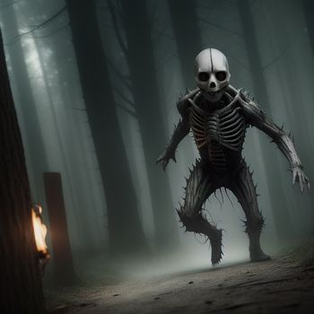 skeleton in a forest with a lantern in the foreground and a light in the background that is lit up