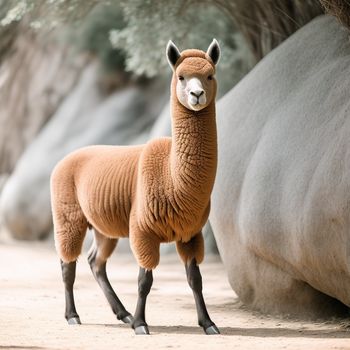 brown llama standing next to a large rock formation in a desert area with trees in the background