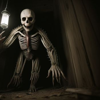 skeleton with a lantern in a dark room with a light on it's head and hands outstretched