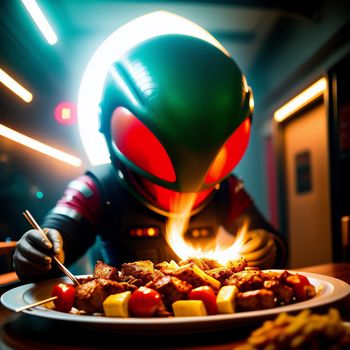 person in a costume is lighting a plate of food with a fork and knife on a table with a plate of food