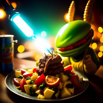 plate of food with a toy in the background of it and a can of soda in the background