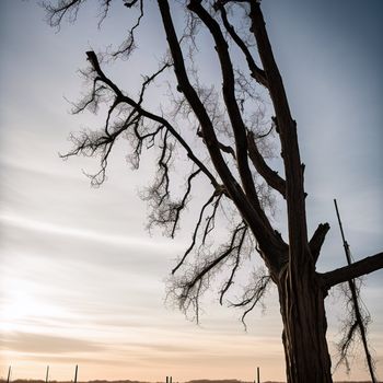 tree with no leaves in a field with a fence and a sky background with clouds in the distance