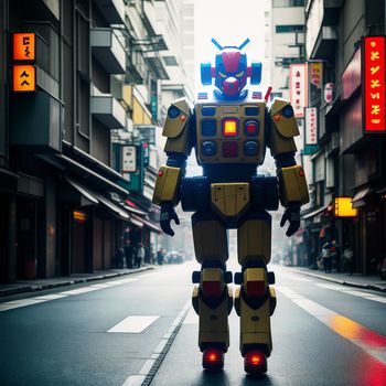 robot walking down a street in a city with tall buildings and signs on the sides of the street