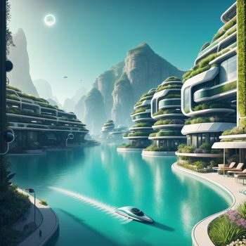 futuristic city with a boat in the water and mountains in the background