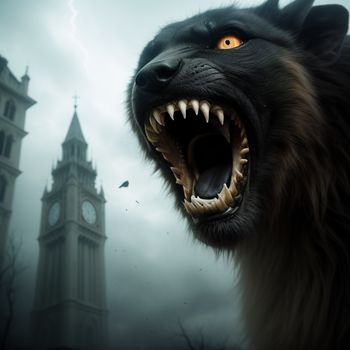 black wolf with its mouth open and a clock tower in the background with a lightning bolt in the sky