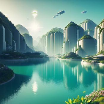 futuristic landscape with a lake and a futuristic city in the background