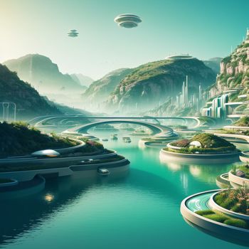 futuristic city with a river and a bridge in the middle of it and a floating city in the background