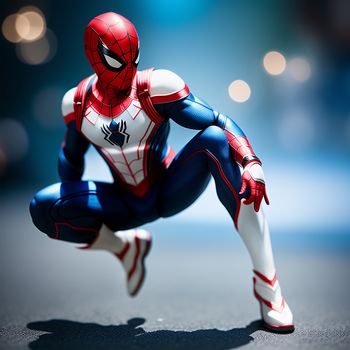 spider man figurine is posed on a surface with a blurry background of lights and a spotlight