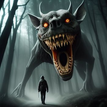 man walking through a forest with a demon face on his face and a demon's mouth open