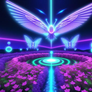 purple and blue butterfly flying over a flower garden with a circular pathway in the middle of it and a glowing light at the end of the photo