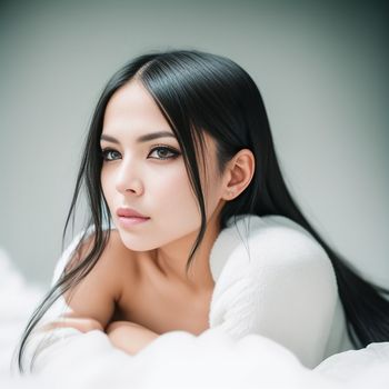 woman laying on a bed with long black hair and a white blanket on her back and her eyes closed