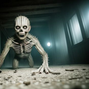 creepy skeleton is standing in a dark room with his hands on the ground and his face partially covered