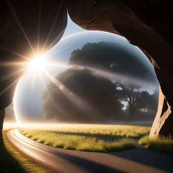 road going through a tunnel with a tree in the middle of it and a sun shining through the tunnel