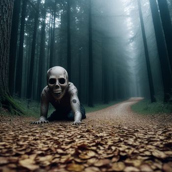 creepy skeleton is crawling down a path in the woods with leaves on the ground and a trail in the background