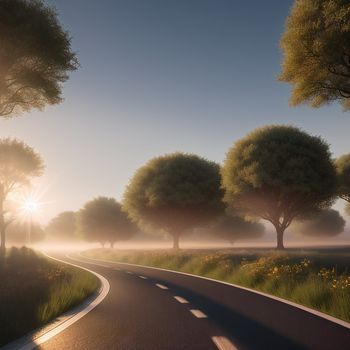 road with trees and grass on both sides of it at sunrise or sunset time with sun shining through the trees