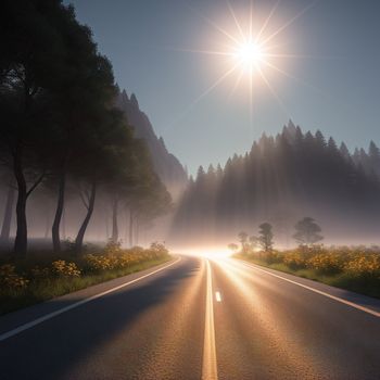 road with a sun shining down on it and trees on both sides of it and a foggy sky