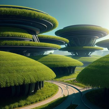 futuristic city with a lot of green trees and grass on the sides of the roads and a winding road