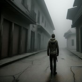 man walking down a street in the fog with a coat on and a hat on his head and a coat on