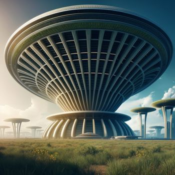 futuristic city with a massive structure in the middle of a field of grass and trees in the background