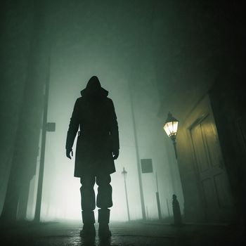 man in a coat is walking in the fog in a dark street with a lantern on the side