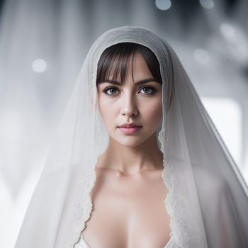 woman wearing a veil and a wedding dress is posing for a picture in a studio photo shoot with a white background