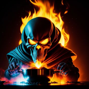 skeleton is cooking in a pot on a stove top with flames behind it and a flame in the background