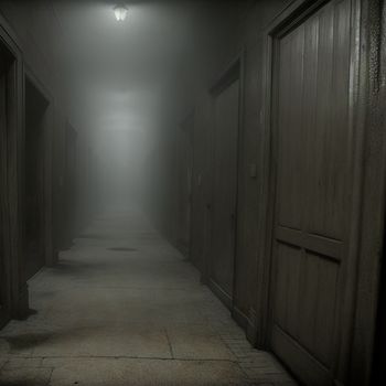 hallway with a light at the end of it and a few doors leading to another room with a light at the end