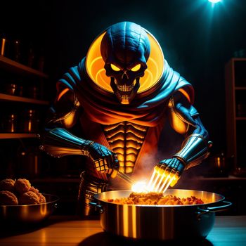 skeleton is cooking in a pan on a table with a light on it and a light on the side