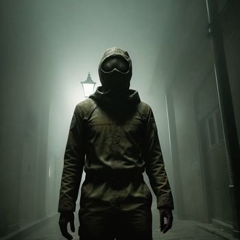 man in a hooded suit and goggles standing in a dark alleyway with a lantern on the ceiling