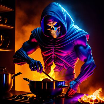 skeleton in a hooded costume cooking on a stove top with a flame in the background and a pot on the stove