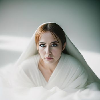 woman with red hair and blue eyes is wrapped in a blanket and looks into the camera with a serious look on her face