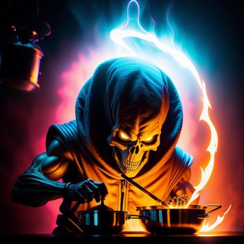 skeleton in a hoodie cooking in a pot with a spoon and a lit candle in the background