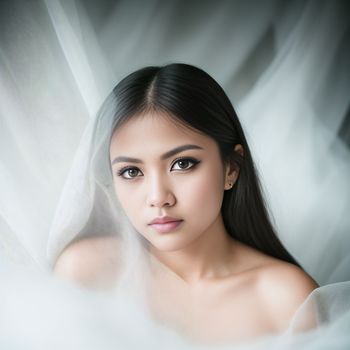 woman with a veil on her head and a white dress on her shoulder