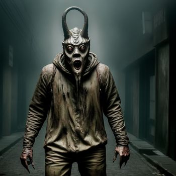 man in a devil mask and leather jacket walking down a dark alley way with a creepy expression on his face