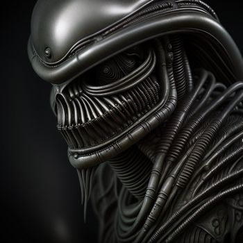 close up of a alien with a helmet on and a black background with a black background and a black background with a black background