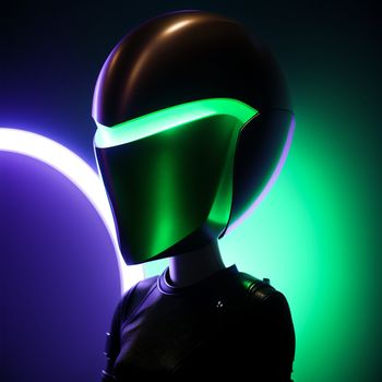 man in a helmet is standing in front of a green and purple background with a circular light behind him