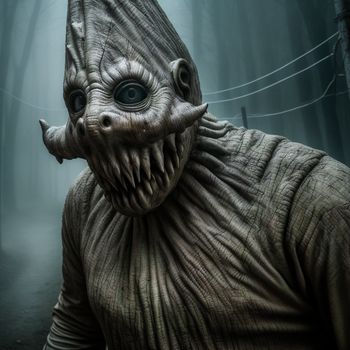 creature with a strange face and big eyes in a dark forest with wires and wires in the background