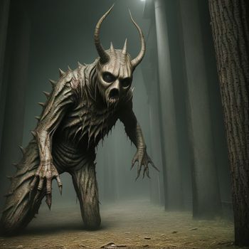 creepy creature with horns and huge teeth in a dark forest with a light on its head and a flashlight in its mouth