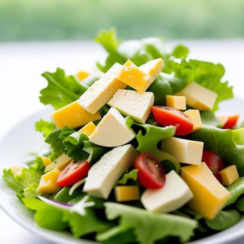 salad with cheese and tomatoes on a plate on a table top with a green background and a blurry background