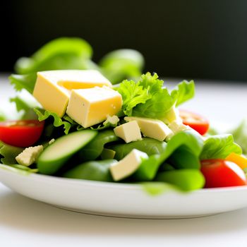 salad with cheese and lettuce on a plate on a table with tomatoes and cucumbers