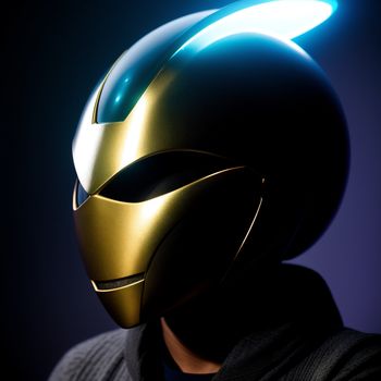 person wearing a gold helmet with a blue light on it's face and a black background with a blue light