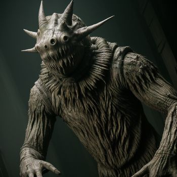 statue of a creature with horns and a collar on it's head and hands on his chest