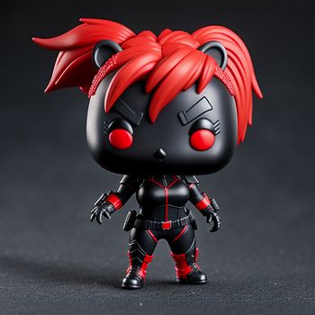 black and red action figure with red hair and a black outfit with red eyes and a red nose