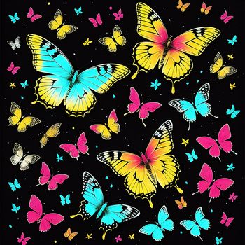 group of butterflies flying through the air on a black background with stars and dots in the sky above