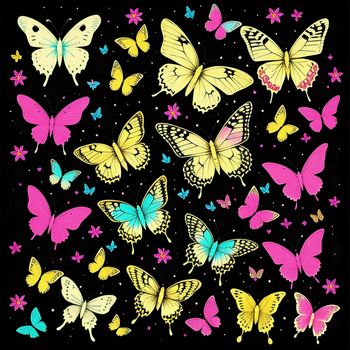 group of butterflies flying through the air on a black background with stars and dots in the sky above