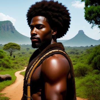 man with a large afro standing in the middle of a dirt road in front of a mountain range