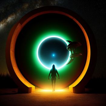 man standing in front of a large circular object with a green light in the middle of it and a dark sky with stars