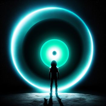 person standing in front of a circular object in the dark with a light at the end of the circle